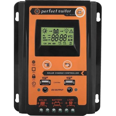 Regolatore di carica solare MPTT 12V/24V, regolatore di batteria per pannelli solari con doppia porta USB, display LCD, regolatore di corrente del pannello da 30A, nero/arancione