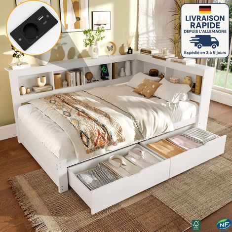 MODFU - Divano letto in legno 140×200cm con 2 cassetti, letto per adulti, porta USB e presa, rete a doghe, senza materasso, bianco (1/5)