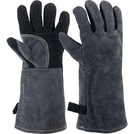 Guanti in pelle resistenti al calore da 40 cm per barbecue, adatti a fuochi, saldature, caminetti, forni, cucine e padelle.