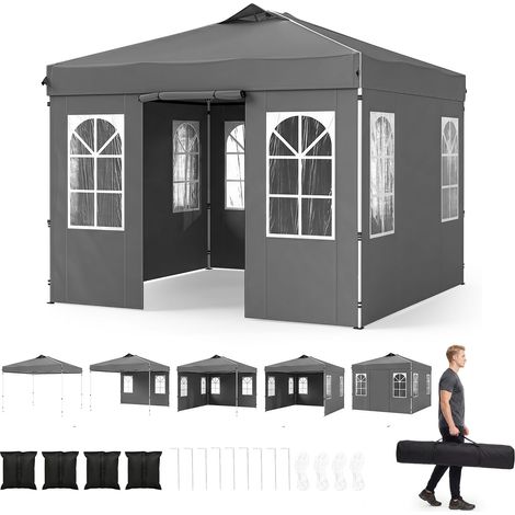 COSTWAY Gazebo da Giardino 3 x 3 m, Gazebo Pieghevole da Esterno con 4 Pareti Laterali Removibili, Struttura in Metallo, Altezza Regolabile e Borsa da Trasporto per Mercatini, Fiere e Picnic (Grigio) (1/5)