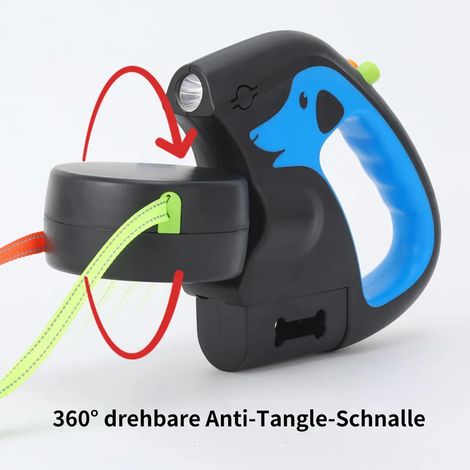Diese 3 Meter lange, einziehbare Doppelleine ist ideal für zwei Hunde. Sie verfügt über ein integriertes LED-Licht und lässt sich leicht einrollen. Maße: 22 × 14 × 2,5 cm.