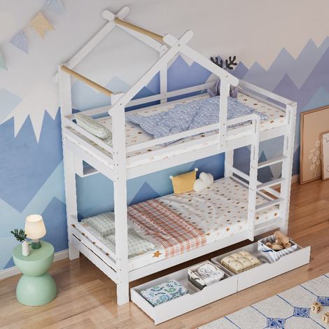 Etagenbett Hausbett 90x200 cm mit Schubladen und Regalen, platzsparendes Kinderbett aus massivem Kieferholz in Weiß mit Rausfallschutz und Leiter (1/5)