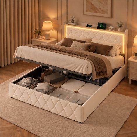 Lit coffre 160x200,lit 160x200 avec sommier à lattes,LED,2 USB + 1 Type-C,lit double capitonné,lit adulte,tissu en Velours,Beige (1/5)