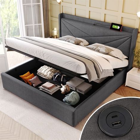 Lit 160x200 cm rembourré avec coffre et tête de lit, chargeur USB‑C — 2 places gris