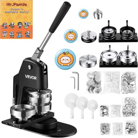 VEVOR 3 en 1 Máquina para Hacer Chapas 32/58/75 mm de Metal y Plástico, Prensa de Pines Multifuncional para Personalizar Insignias Llaveros Imanes Regalos, con 300 Botones, Cortador Circular, Negro (1/5)