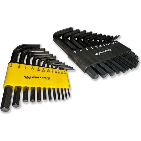 Juego de 25 llaves hexagonales cortas de acero CrV, métricas de 1,5 a 10 mm y en pulgadas de 1/16 a 3/8". Marca Waryński. (1/2)