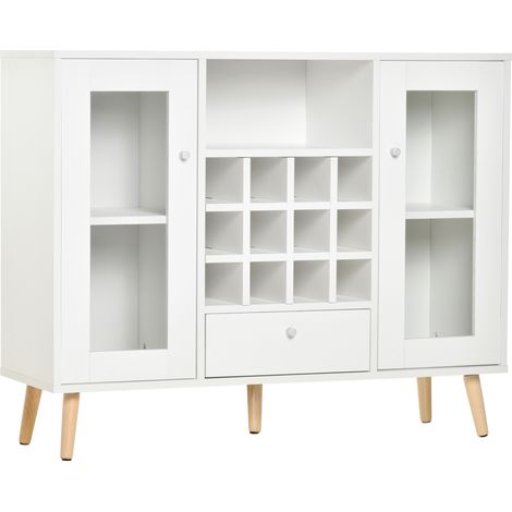 Credenza da cucina – Portabottiglie – Cassetto – Ripiano a giorno – 2 ante in vetro – 100 x 33 x 80 cm – Bianco