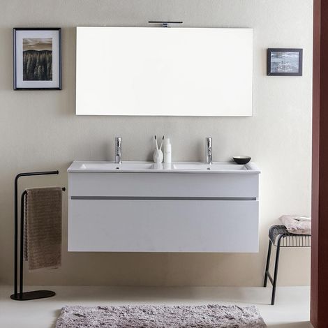 Kiamami Valentina – Meuble double vasque suspendu 120 cm – Lavabo en céramique – Tiroir avec fermeture douce – Finition blanche moderne (1/5)
