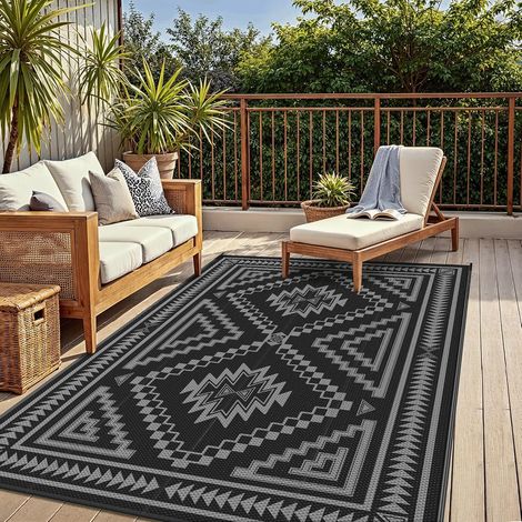 Tapis Extérieur Imperméable, Tapis de Camping Lavable pour Jardin, Terrasse, Balcon, Tapis Réversible Résistant aux UV pour Pique-Nique,120x180cm, Motif Losange Noir Gris (1/3)