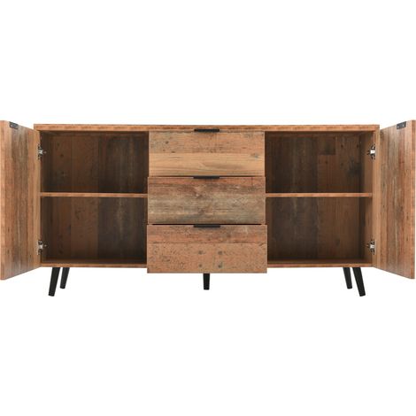 Buffet vintage en bois vieilli marron avec étagères réglables et 3 tiroirs, 140 cm (1/5)