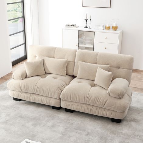 Canapé d'angle nuage pour salon, sofa double en chenille avec 2 coussins lombaires et 2 coussins décoratifs, cadre en bois massif, couleur beige clair (1/5)