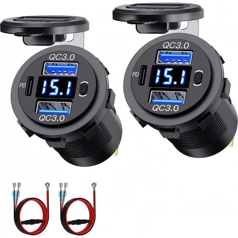 Prise USB 12V, 72W, Chargeur 3 Port avec Charge Rapide Simultanée (2xQC3.0+PD) et Interrupteur, Port USB Embarqué pour Voitures 12–24V, Moto, Camion, Bateau, Camping-Car (2 Pièces) (1/5)