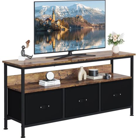 Meuble TV bas pour téléviseur jusqu'à 55" – Meuble TV avec 2 compartiments ouverts et 3 tiroirs – Veinure de bois pour salon, salle à manger, chambre à coucher – 120 x 57 x 30 cm – Vintage (1/5)