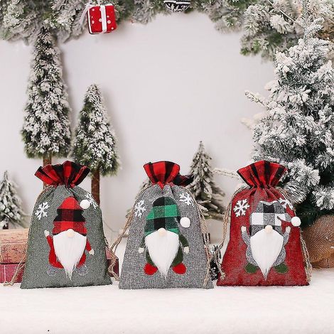 Lot de 3 sacs de Noël en toile avec cordon de serrage A, pochette cadeau de Noël, pochette à bonbons, pochette à friandises f (1/3)