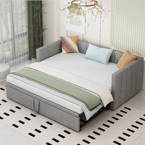Ausziehbares Polsterbett und Schlafsofa mit Lattenrost, 90x200 auf 180x200 cm erweiterbar, platzsparendes Multifunktionsbett aus Samt in Grau (1/5)