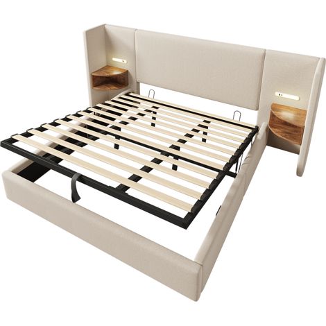 Gepolstertes Doppelbett 180x200 in Beige mit Kopfteil, Leselampe und USB-C-Anschlüssen (1/5)