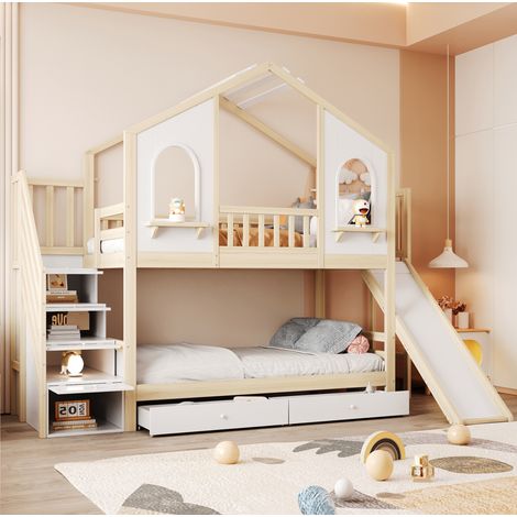 Letto a castello 90x200 cm bianco e naturale in legno con scivolo e cassetti (1/5)