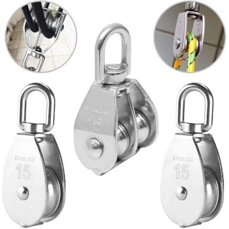 3PCS Poulie Double inox pivotant Double poulie,Poulie de Levage Rouleau de Chargement,Poulie en Acier Inox,Poulie Simple Bloc,Poulie Simple en Acier Inoxydable,Poulie de levage M15 (1/4)