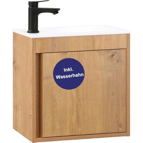 Kometmöbel Waschbecken mit Unterschrank 50cm hängend Gäste-WC Waschtisch 50 cm (Eiche 50cm, Mit Wasserhahn Schwarz) (1/5)