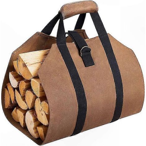 Set mit 2 braunen, wasserdichten Holzständern aus Canvas, verstärkten Griffen und rutschfestem Holzsockel zur Aufbewahrung von Brennholz im Freien (1/5)