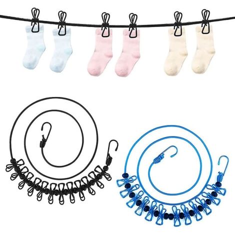 Corde à linge élastique portable, 2 lignes de séchage voyage ajustables et rétractables, avec pinces pour camping et vacances en extérieur (noir/noir) (1/4)