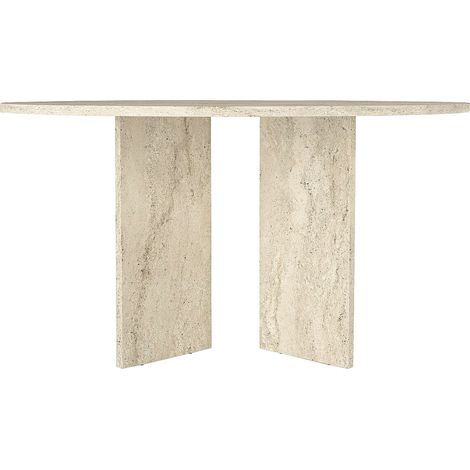 Table à manger ronde 6 personnes - Effet travertin beige - TOPANIA