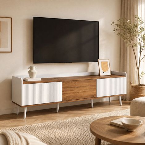 Mueble TV (160x39x49.5 cm), de tres puertas, con borde elevado y patas de madera, MDF y aglomerado, natural y blanco (1/5)