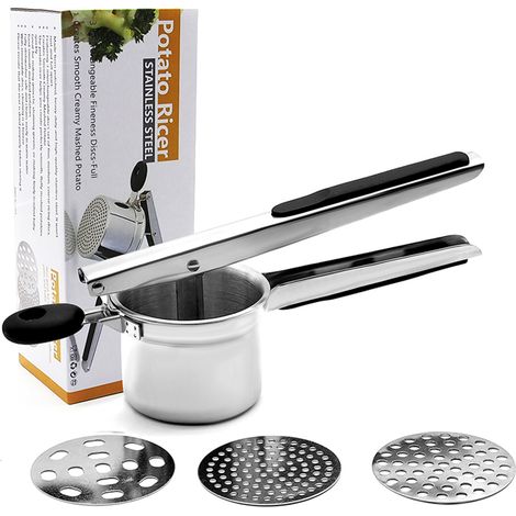 Presse-purée manuel en acier inoxydable avec 3 disques interchangeables, poignées ergonomiques anti-dérapantes, facile à nettoyer au lave-vaisselle, idéal pour légumes et fruits (1/3)