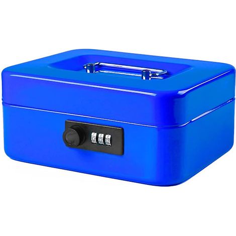 Coffret de rangement pour argent avec serrure à combinaison, boîte à monnaie en métal résistant avec compartiment pour billets et pièces, coloris bleu (1/4)