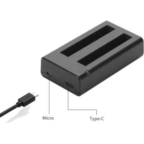 Trade-Shop Ladegerät USB-C für 2 Akkus mit LED-Anzeige inkl. Micro-USB Ladekabel kompatibel mit Insta360 CINAQBT/A Akku passend für ONE X3 Kamera (1/4)