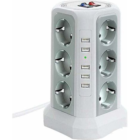 Surge-protected power strip tower, electrical power strip with 5 USB ports and 12 outlets, power strip with 3 switches, white (1/4)
