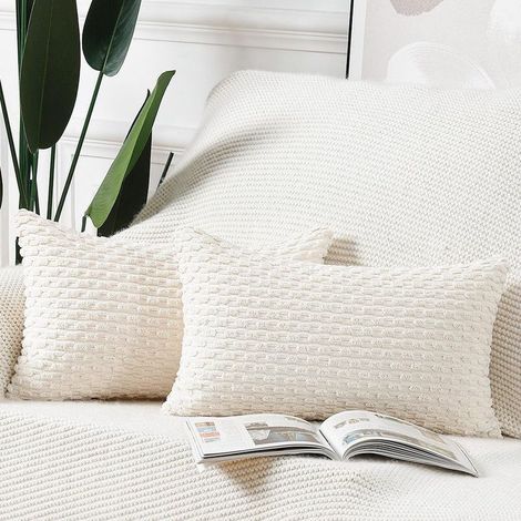 Set of 2 boho corduroy cushion covers with striped pattern, soft decorative cushion covers for sofa and bedroom, cream white, 30 x 50 cm (1/5)