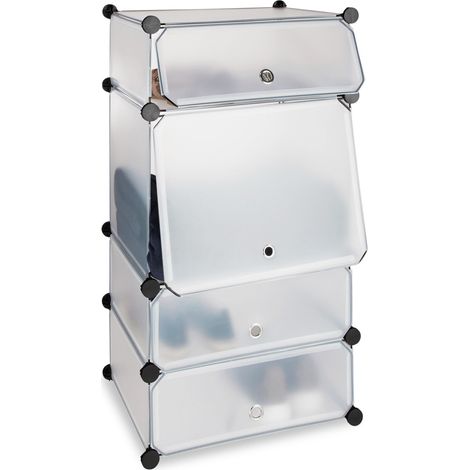 Relaxdays Meuble chaussures plastique étagère 4 casiers système plug-in portes  rangement  91 x 49 x 36,5 cm transparent