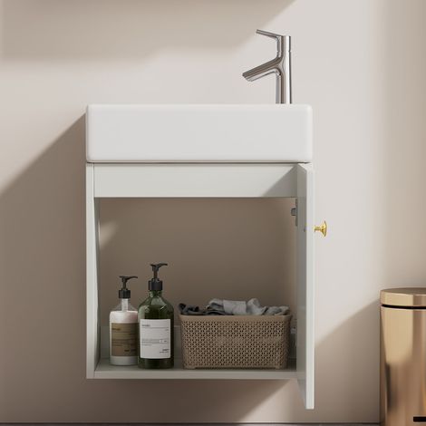 Meuble de salle de bains avec lavabo et meuble sous-vasque 46 cm, meuble sous-vasque suspendu, petit meuble pour salle de bains d’invités (1/5)