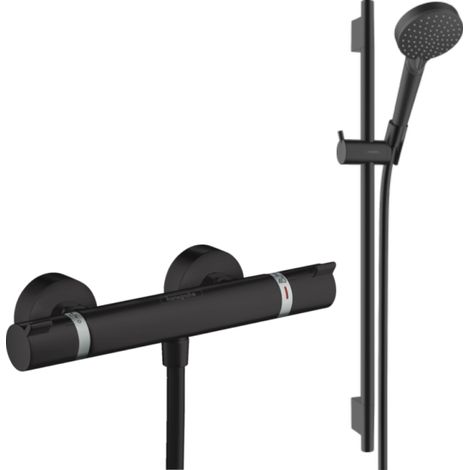 Pack mitigeur douche thermostatique HANSGROHE Ecostat Comfort + Ensemble pommeau Vernis Blend EcoSmart 2 jets avec barre noir mat