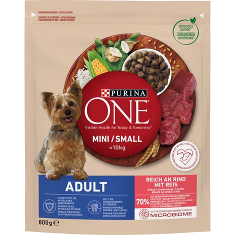 Purina ONE Alimento per cani adulti di taglia mini/piccola, ricco di manzo e riso, 800 g (1/2)