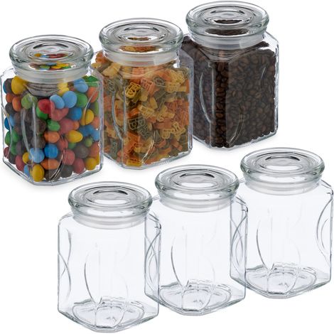 Relaxdays – Lot de 6 bocaux en verre hermétiques 750 ml – Dimensions 14,5 x 9,5 x 9,5 cm – Pour stockage aliments secs – Design transparent (1/5)