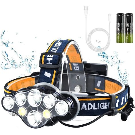 Lampe Frontale LED Rechargeable, Ultra Puissante Lampe à 8 Del de, Torche Frontale Étanche et Léger, Parfait pour Le Camping, la Pêche, la Cave, Le Jogging et la Randonnée [Classe énergétique A+++] (1/4)