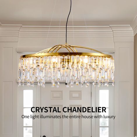 Elegante Kristall Haengeleuchte Gold 40 cm runde Pendellampe mit Kristallbehang und 4x E14 hoehenverstellbar Deckenleuchte fuer Schlafzimmer und Flur