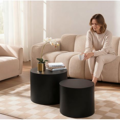Set de 2 tables d'appoint rondes en MDF noir avec pieds antidérapants, pour salon, bureau et balcon (1/5)