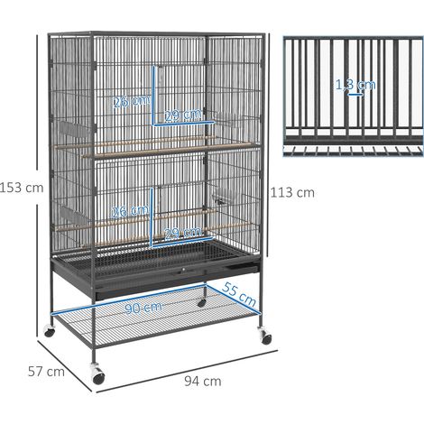 Volière à oiseaux gris 94x57x153cm en métal avec perchoirs plateau roulettes, cage mobile pour perruches canaris et tous oiseaux domestiques (1/5)