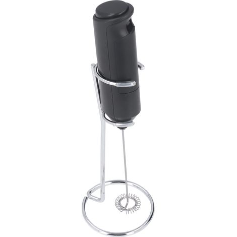 Mousseur à lait électrique portable en acier inoxydable, design avec support, alimenté par batterie, idéal pour cafés et usage domestique.