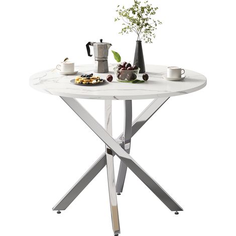 Table à manger ronde 80 cm effet marbre, plateau MDF blanc et pieds chromés argent, design moderne compact pour cuisine ou salon, CHICFURN (1/5)