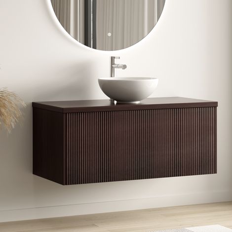 LOMAZOO Meuble de Salle de Bain 100cm Noyer Cannelé - Vasque à