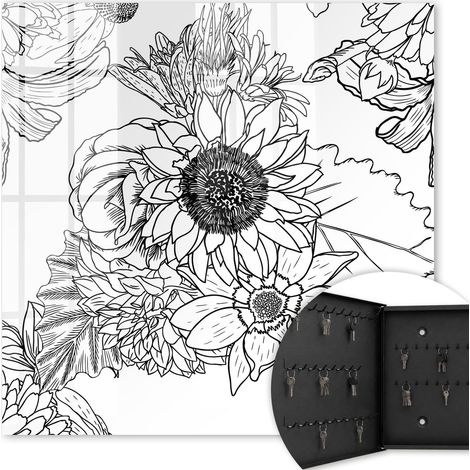 Armoire à clés - (30 cm x 30 cm) - Boîte à clés murale - Coffret de rangement pour clés - Couleur noire - Ouverture vers la gauche - Pour maison et bureau - Fleurs noires et blanches (1/5)