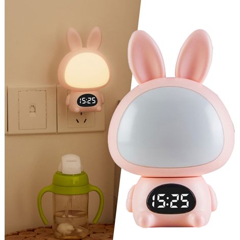 Veilleuse LED mignonne avec télécommande, à brancher au mur, pour protéger les yeux et dormir dans la chambre de bébé, motif lapin rose monochrome. Lampe de chevet idéale pour l'allaitement. (1/5)