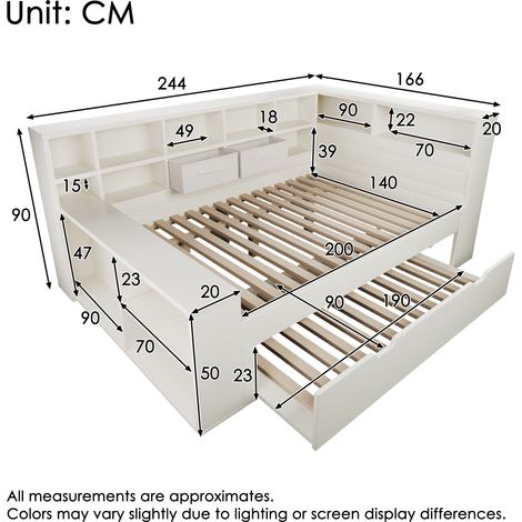 Lit coffre 140x200 cm blanc, en bois, avec lit gigogne, 8 compartiments de rangement et ports de chargement USB/Type-C – Lit gain de place pour lit double et enfant, sans matelas. (1/4)