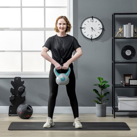Kettlebell 10kg PU et sable avec base plate et poignée pratique pour soulevés de terre - 22x16x26 cm - squats et levées - vert foncé