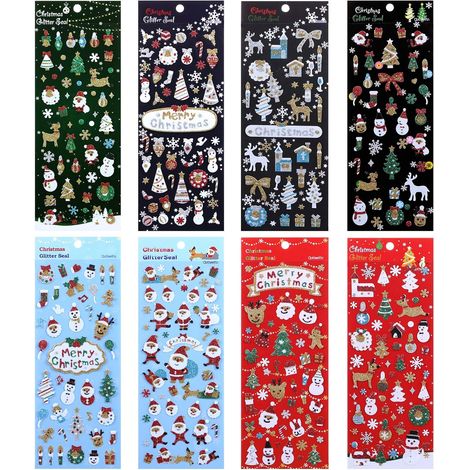 Autocollants Noël, Kit de 8 Feuilles Gommettes Fenetre Noël, Décoration Stickers Brillant Loisir Créatif DIY pour Enfant Scrapbooking Cadeau (1/5)