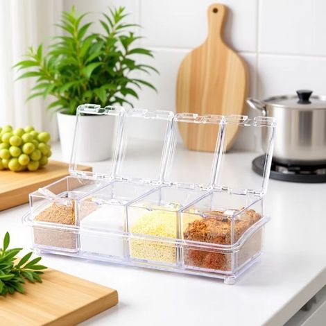Ensemble de boîtes à épices transparentes, organisateur d'épices en acrylique 4 pièces, avec couvercle et cuillère, convient pour ranger les épices, le sucre, le sel, la cardamome, la cannelle, etc.